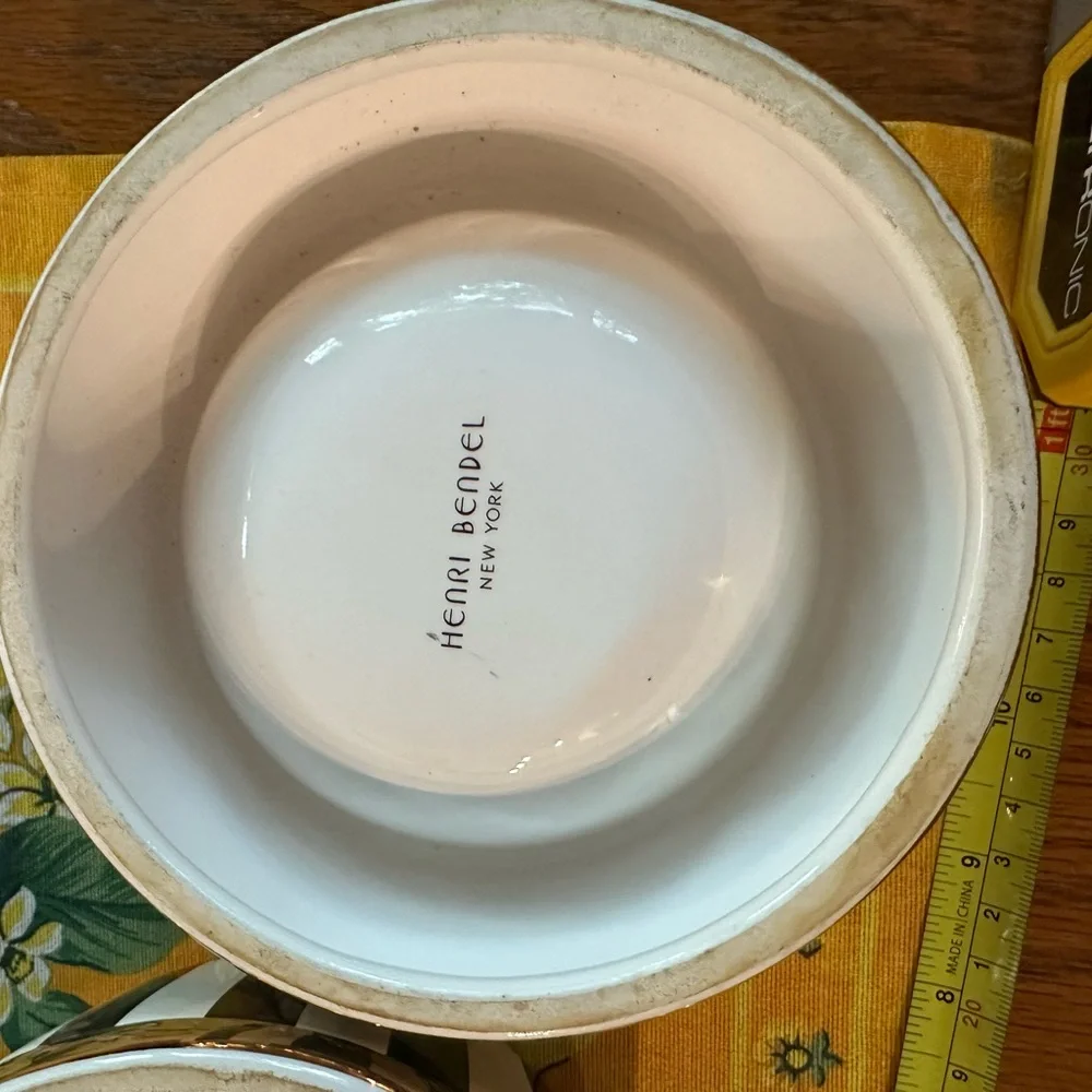 Vintage Henri Bendel Centennial Stripe and Gold Rimmed Pet Bowl Pair in EUC